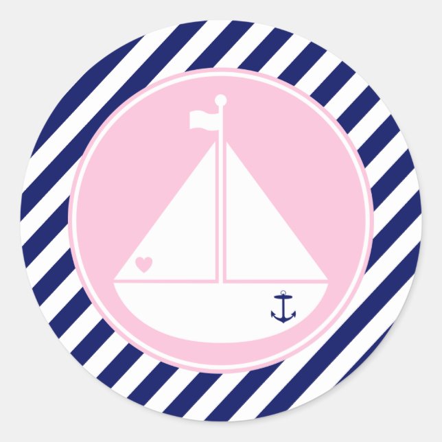 Sticker Rond Bateau à voile bleu et rose (Devant)