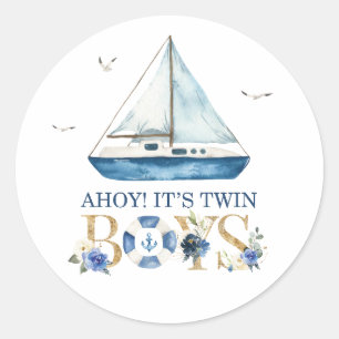 Sticker Rond Bateau bleu nautique Ahoy C'est Twin Boys Merci