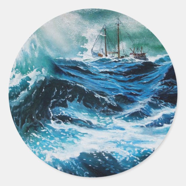 Sticker Rond Bateau dans la mer dans la tempête (Devant)