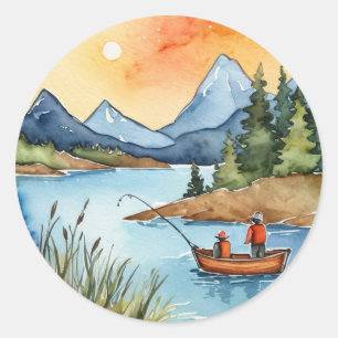 Sticker Rond Bateau de pêche en bois de montagne à l'aquarelle