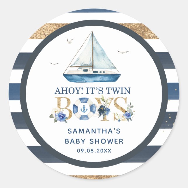 Sticker Rond Bateau nautique Ahoy C'est Twin Boys Douche Favor (Devant)