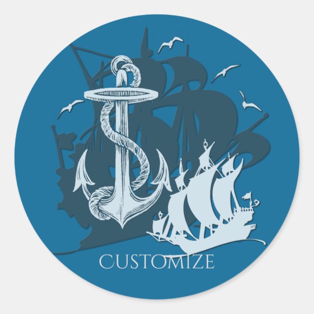 Sticker Rond Bateau pirate & Ancre Silhouette blanche (Devant)