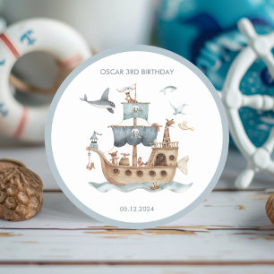 Sticker Rond Bateau pirate avec Animaux Fête des enfants