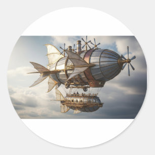 Sticker Rond Bateau Steampunk dans les nuages