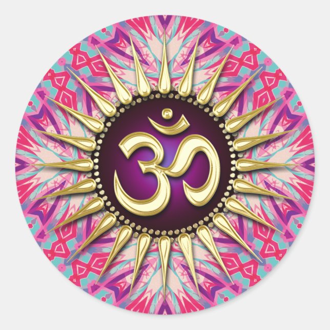 Sticker Rond Batik Fuchsia Rose violet et soleil Om (Devant)