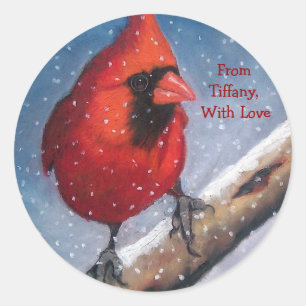 STICKER ROND BÂTIMENTS CADEAUX DE NOËL : CARDINAL ROUGE, NEIGE,