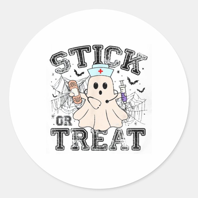 Sticker Rond Bâton Ou Traitement Halloween Fantôme Infirmière H (Devant)