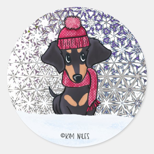 Sticker Rond Bâton rond classique Dachshund d'hiver (Devant)