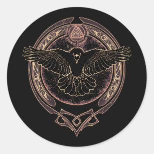 Sticker Rond Bâton rond classique Viking Raven Munin et Valknut