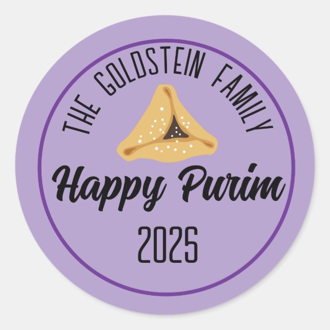 Sticker Rond Bâton rond Purple Happy Purim Hamentashen Classic (Devant)