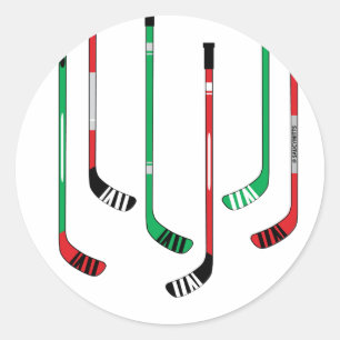 Sticker Rond Bâtons de hockey rouge et vert de Noël