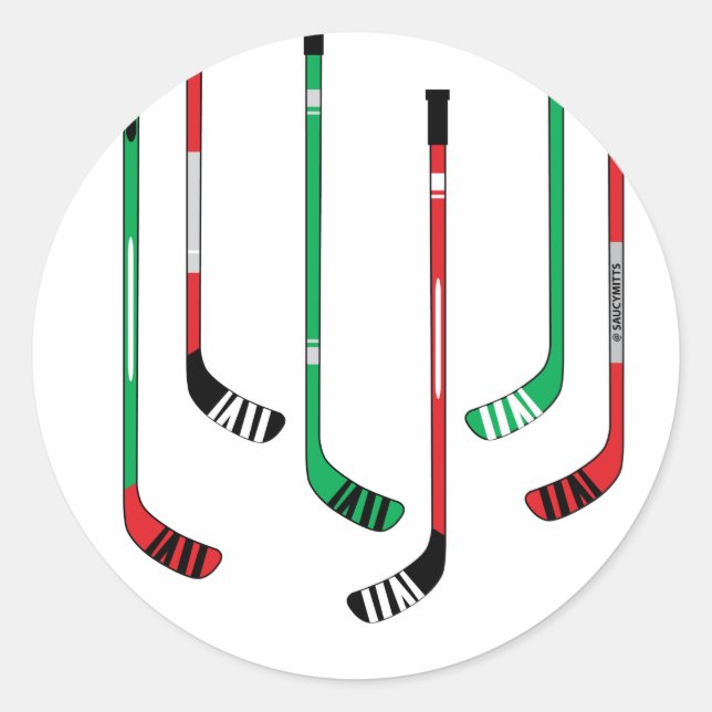 Sticker Rond Bâtons de hockey rouge et vert de Noël (Devant)