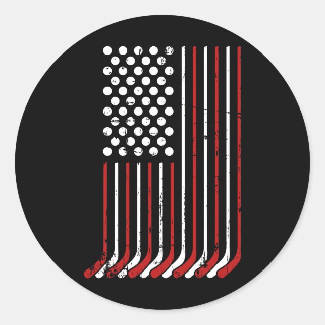 Sticker Rond Bâtons Et Étoiles De Hockey Américain Patriotique  (Devant)