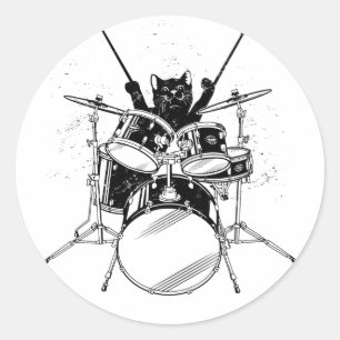 Sticker Rond Batteur à tambour de chat Jouer à la batterie Stic