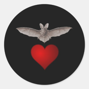Sticker Rond Batty Bat love Gray Bat avec Red Heart sur Black