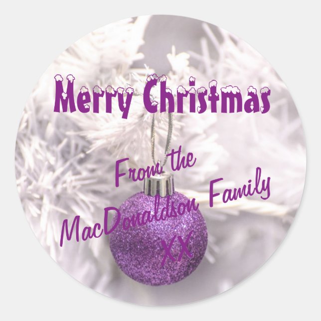 Sticker Rond Baube d'arbre de Noël violet et blanc Joyeux Noël (Devant)