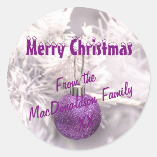 Sticker Rond Baube d'arbre de Noël violet et blanc Joyeux Noël