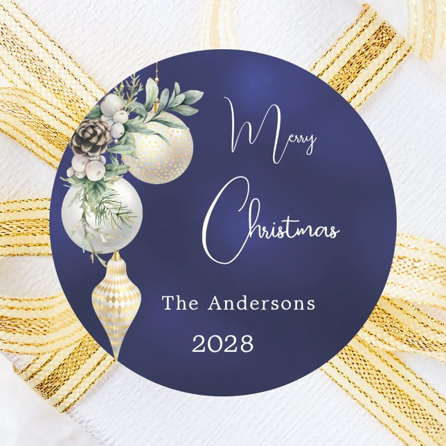 Sticker Rond Baubles blancs en or bleu Noël (Créateur téléchargé)