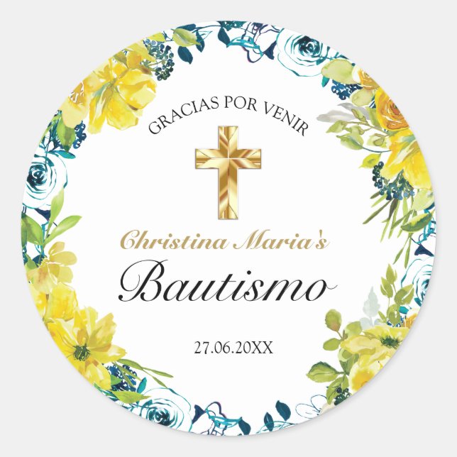 Sticker Rond Bautismo de Niña Bonita Cruz Floral Amarillo (Devant)