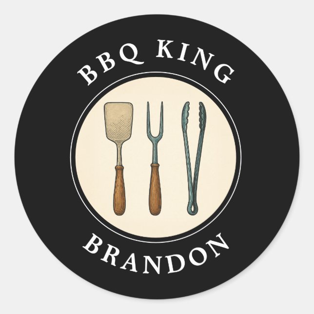 Sticker Rond BBQ King Grilling Tools Emblem Nom du père (Devant)