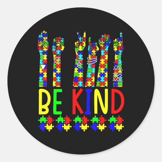 Sticker Rond Be Kind Hand Sign Language Puzzle Sensibilisation  (Devant)