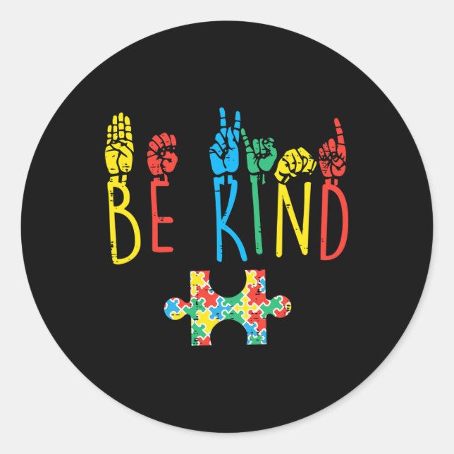 Sticker Rond Be Kind Hand Sign Language Puzzle Sensibilisation  (Devant)