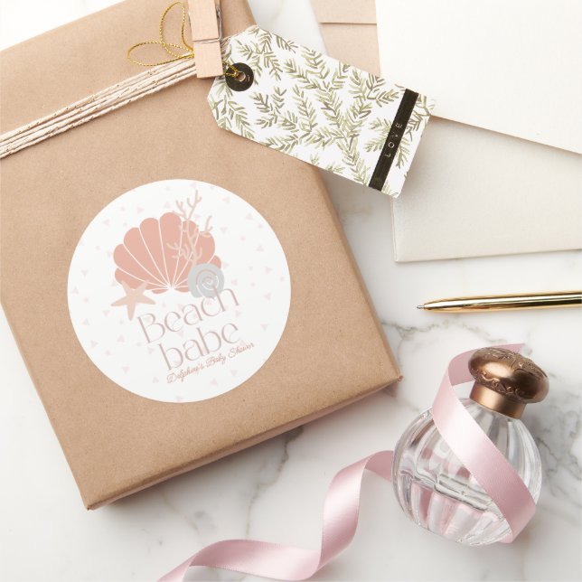 Sticker Rond Beach Babe Seashell Pink Girl Baby Shower (Cadeaux)