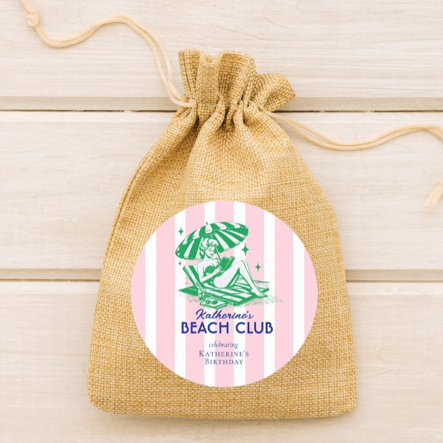 Sticker Rond Beach Club Pink Cabana Stripe Birthday Party (Créateur téléchargé)