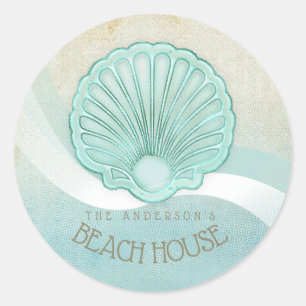 Sticker Rond Beach House Clam Shell Aqua Blue ID623