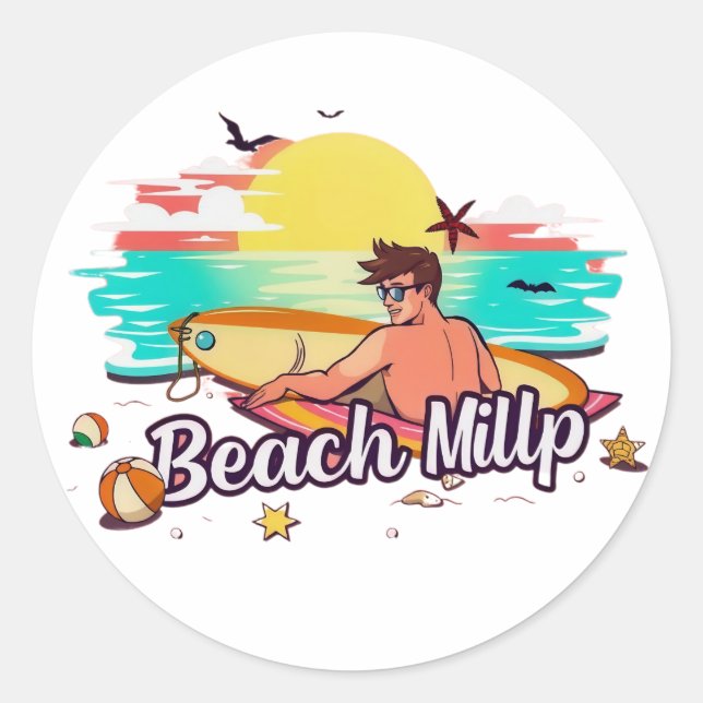 Sticker Rond Beach Mill : Surf, soleil et divertissement (Devant)