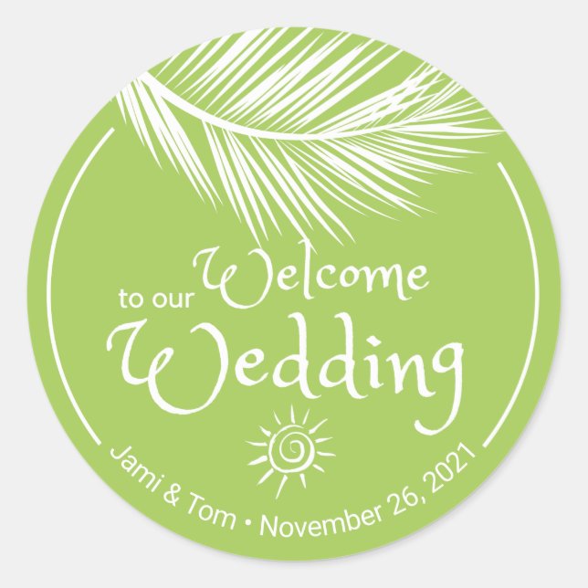 Sticker Rond Beach Palm Leaf Jaune Vert Mariage Bienvenue (Devant)