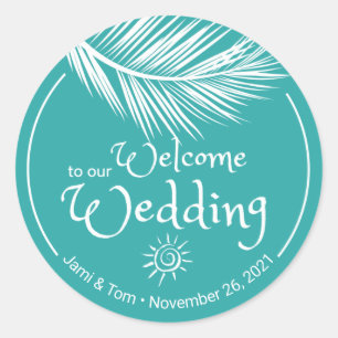 Sticker Rond Beach Palm Leaf Turqoise Mariage Bienvenue