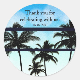 Sticker Rond Beach Party Palm Trees Tropical Blue Party Favoris