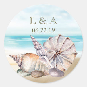 Sticker Rond Beach SeaShells   Monogramme Mariage nautique