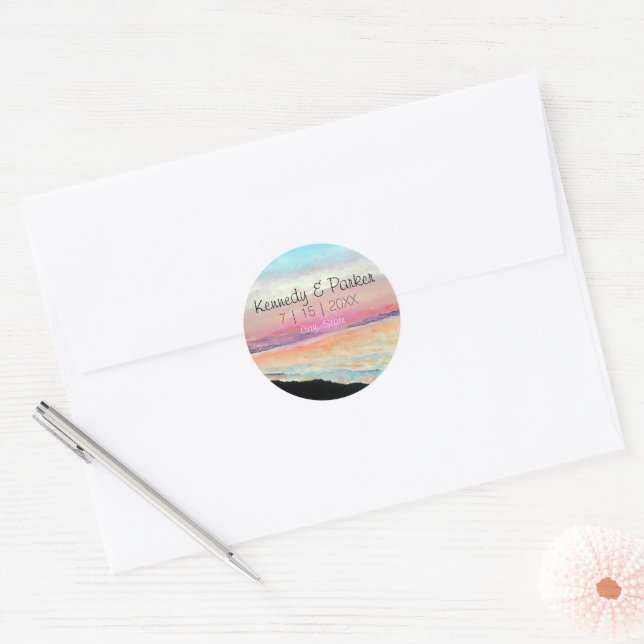 Sticker Rond Beach Sunset Pastel Mariage Enregistrer La Date (Enveloppe)