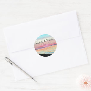 Sticker Rond Beach Sunset Pastel Mariage Enregistrer La Date