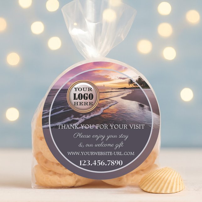 Sticker Rond Beach Sunset Thank You (Sticker featuring a tropical beach at sunset. With your custom logo (optional))