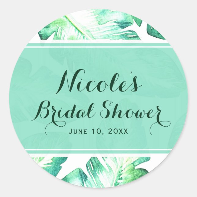 Sticker Rond Beachy White & Green Feuilles tropicaux Mariage Fa (Devant)