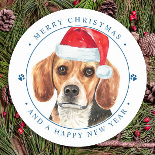 Sticker Rond Beagle Chien Père Noël Joyeux Noël personnalisé