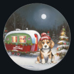 Sticker Rond Beagle d'hiver Caravan Christmas Adventure<br><div class="desc">Laissez-vous tenter par la magie d'une nuit d'hiver enneigée alors qu'une caravane glisse gracieusement à travers le paysage illuminé par la lune. La beauté sereine de la neige scintillante et l'éclat enchanteur de la lune créent une scène captivante, promettant une aventure de Noël inoubliable remplie de chaleur, de joie et...</div>