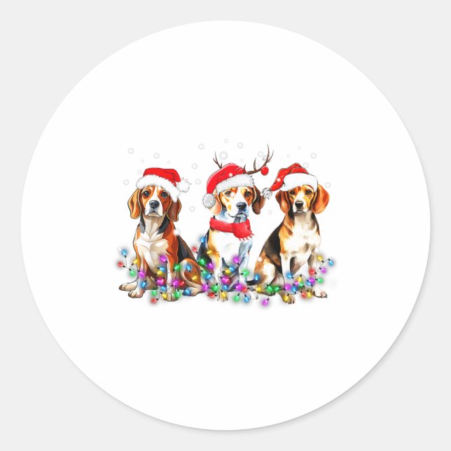 Sticker Rond Beagle Dog Christmas Lights Cute Pet Matching Fami (Devant)