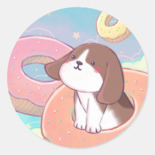 Sticker Rond Beagle et beignets