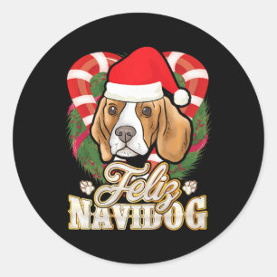Sticker Rond Beagle Feliz Navidog Père Noël Casquette Chien Noë