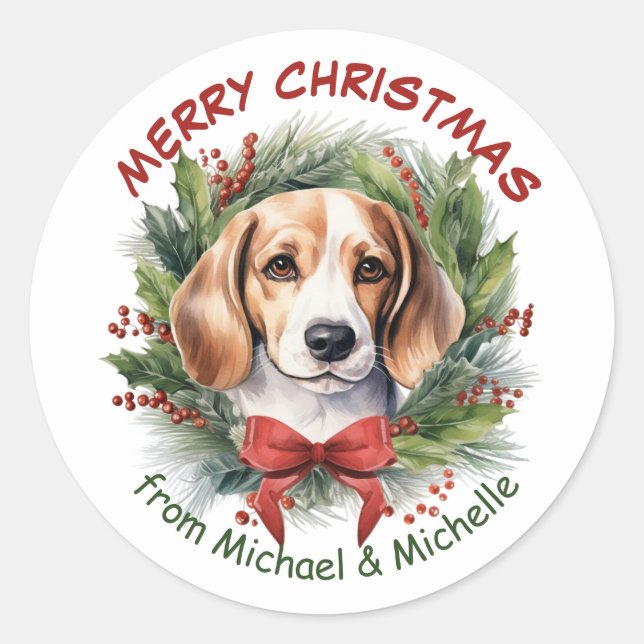 Sticker Rond Beagle Hound Christmas Red Bow Wreath (Devant)