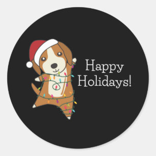 Sticker Rond Beagle Joyeux Noël Animaux d'hiver Chien Classique
