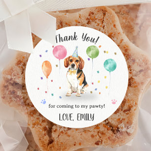 Sticker Rond Beagle laisse le chien à l'anniversaire Merci