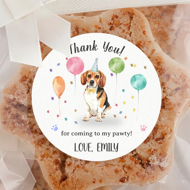 Sticker Rond Beagle laisse le chien à l'anniversaire Merci (Créateur téléchargé)