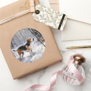 Sticker Rond Beagle Laisser Neige Noël