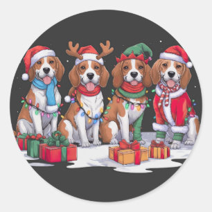Sticker Rond Beagle Santa chapeau bois ellipse de Noël