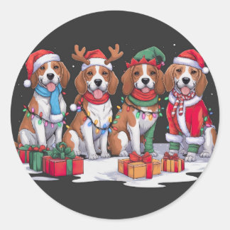 Sticker Rond Beagle Santa chapeau bois ellipse de Noël